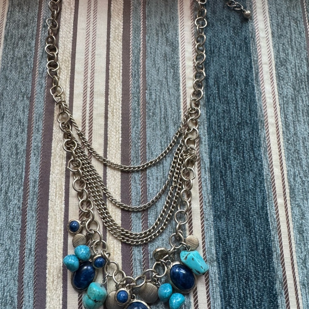 Chico's Gold Multi-Chain Necklace with Turquoise and Navy Accents
